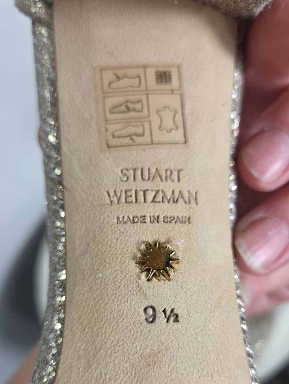 Stuart Weitzman Glitter Block Heel Sandals in Nude Gold Size 9.5